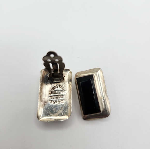 TAXCO MEXICO 925 STERLING SILVER black Onyx rectangular shape clip on earrings - Picture 5 of 5